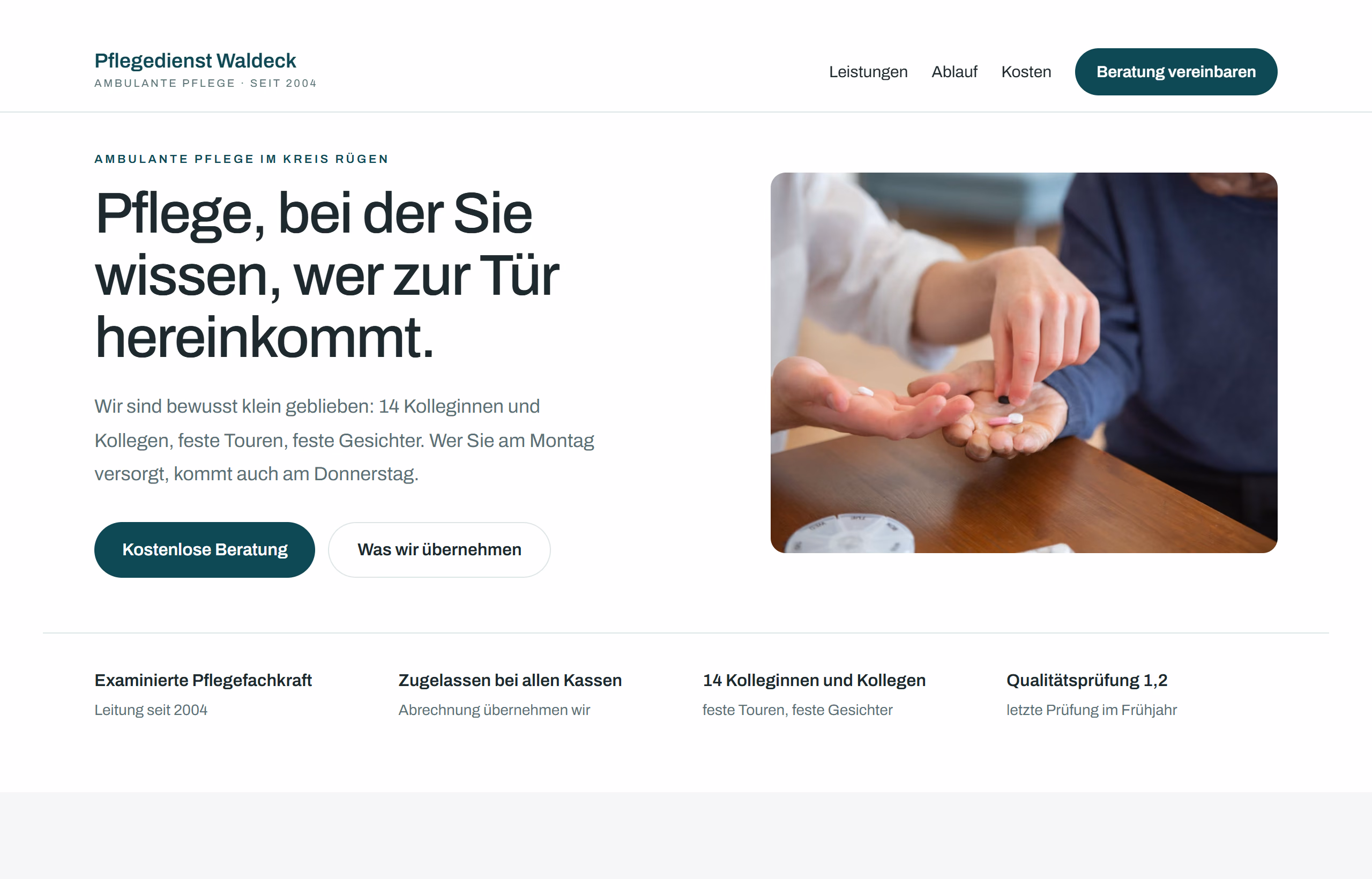 Startseite des Musterprojekts Pflegedienst Waldeck, Branche Dienstleister