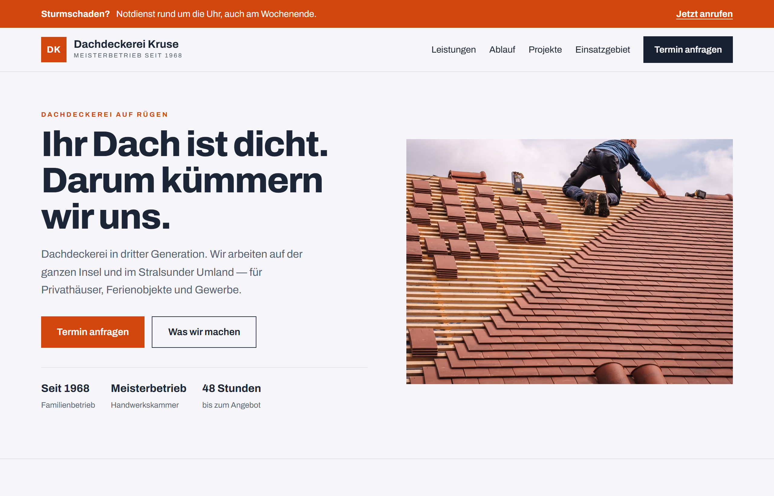 Startseite des Musterprojekts Dachdeckerei Kruse, Branche Handwerk